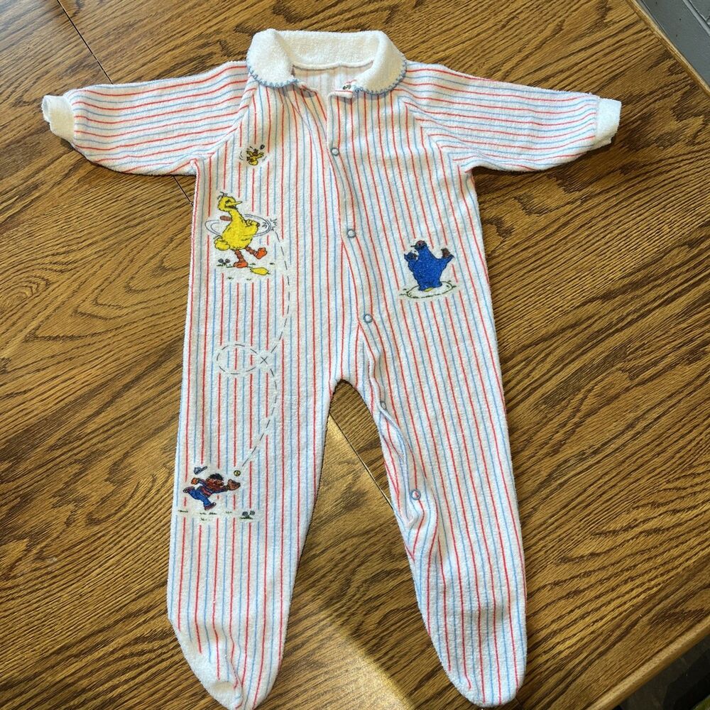 VTG Baby Sesame Street Baseball Terry Footy Pajamas Size 1 18.5-23 Lbs. JC Penny